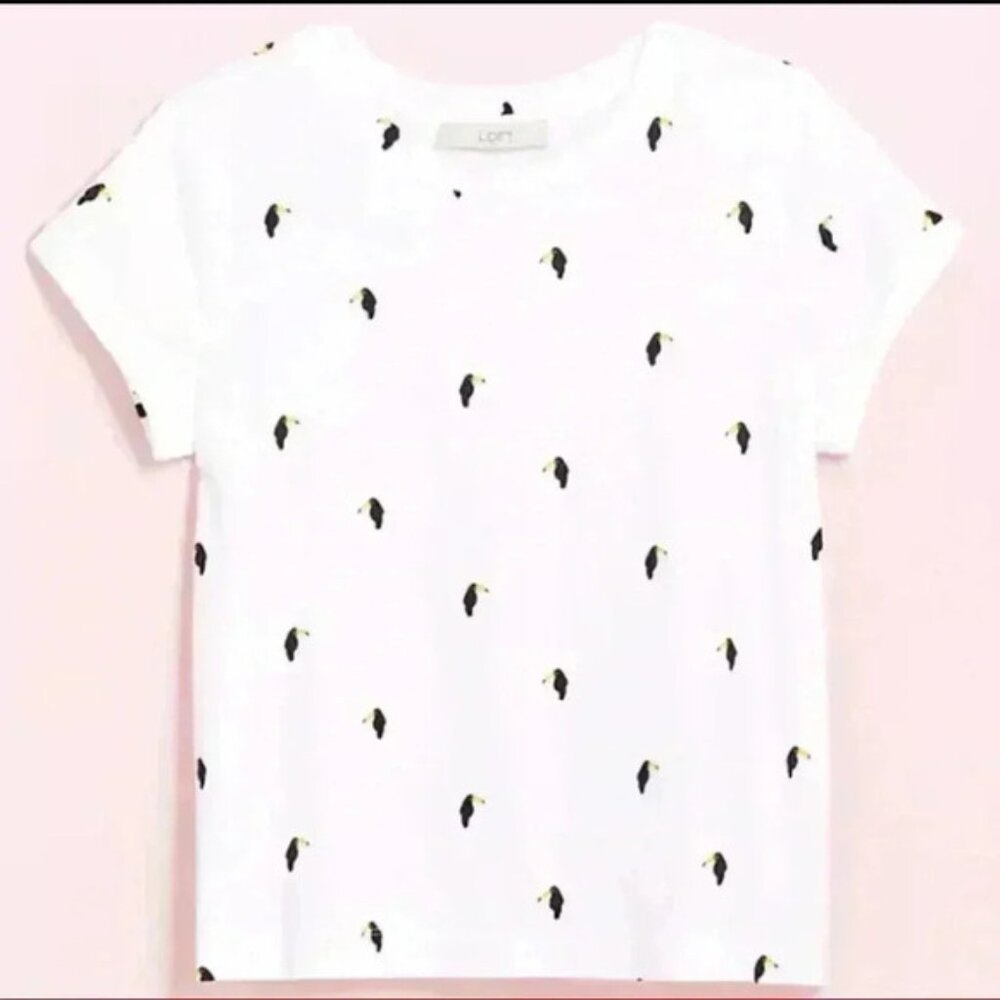 Loft White Toucan Print Tee Shirt Medium